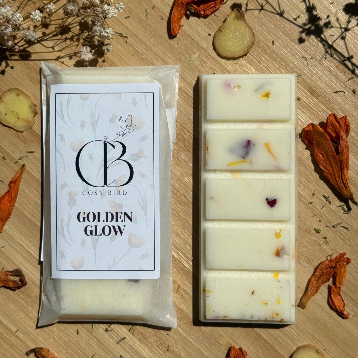 Golden Glow Wax Melt – Ginger & Herb Aromatherapy Blend for Calm & Balance | The Cosy Bird