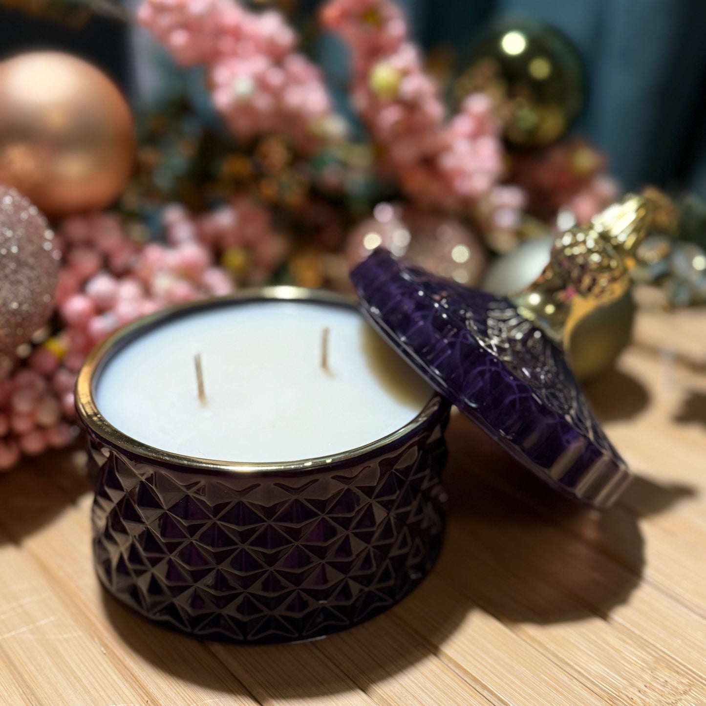 LIMITED EDITION Silent Night – Luxury 2-Wick Essential Oil Candle in Amethyst Geo Jar (Lavender, Frankincense, Vanilla & Cedarwood)