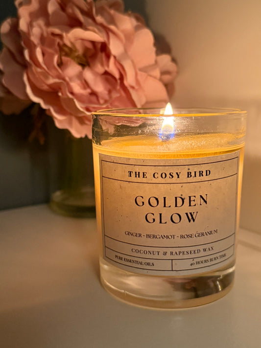 Golden Glow Candle – Grounding & Uplifting Ginger, Patchouli, and Bergamot Blend for Stress Relief