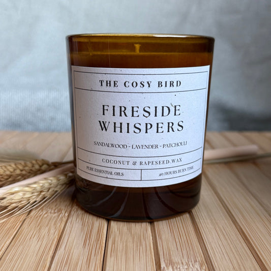 Fireside Whispers Candle – Calming & Grounding Sandalwood, Lavender, Bergamot, Frankincense, and Patchouli for a Tranquil, Cosy Atmosphere