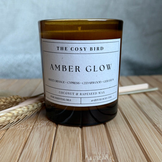 Amber Glow Candle – Radiant & Soothing Sweet Orange, Cypress, Cedarwood Atlas, Benzoin, and Geranium for a Warm, Comforting Ambience