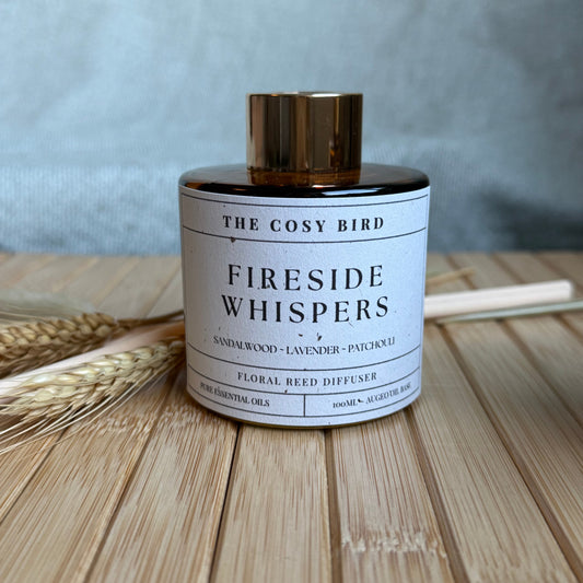 Fireside Whispers Reed Diffuser – Comforting & Peaceful Sandalwood, Lavender, Bergamot, Frankincense, and Patchouli for a Gentle, Long-Lasting Glow